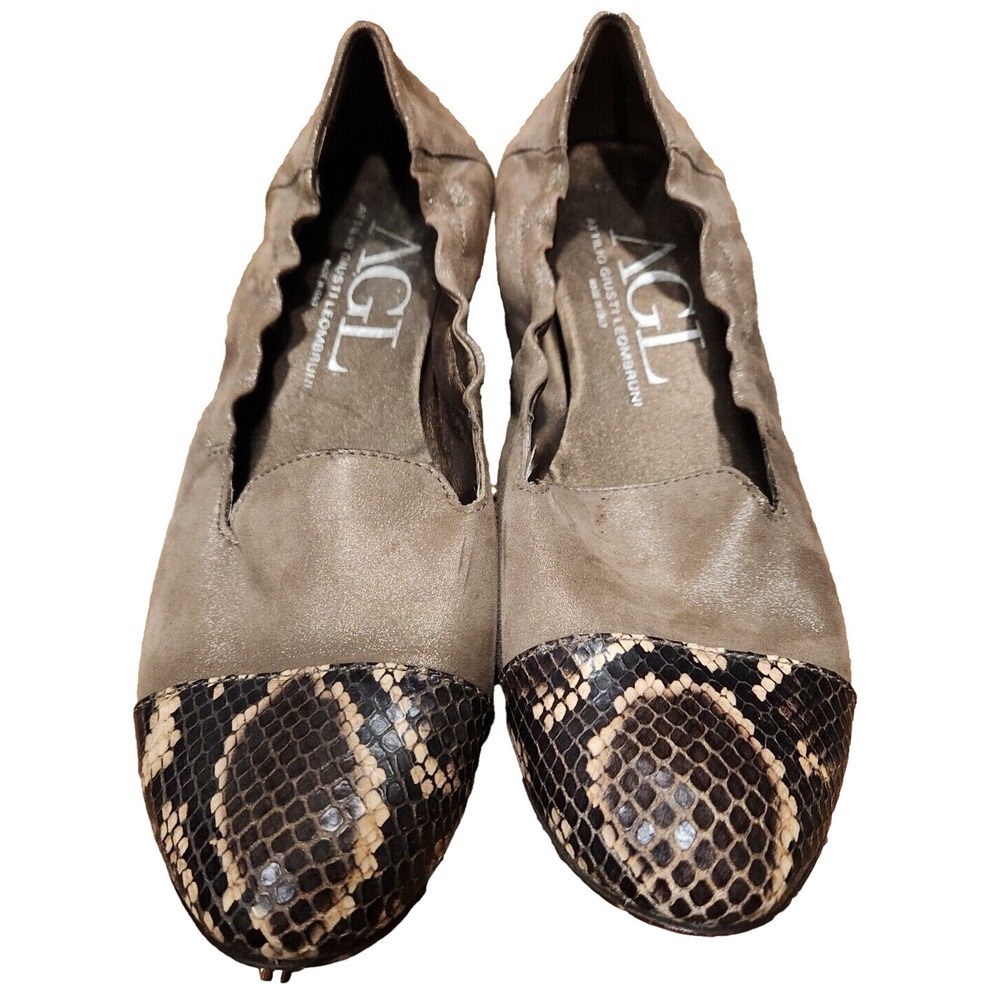 AGL Attilio‎ Giusti Leombruni Snakeskin Cap Toe Taupe Leather Flats